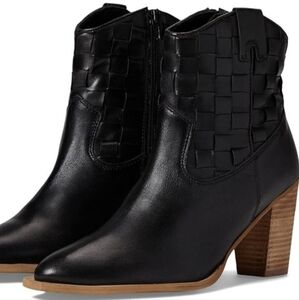 Black Woven Leather Ankle Booties with Stacked Heel